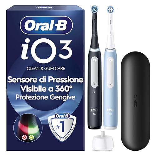 Oral-B Spazzolino Elettrico Ricaricabile iO 3 Nero e Blu, 2 Testine Di Ricambio, Custodia Da Viaggio, 2 Spazzolino Elettrico Oral B, Confezione Doppia, Sensore di Pressione