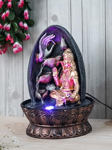 Image of Golden and Grey Polyresin Tabletop Lord Shiva Showing Mudra 3 Step Indoor Water Fountain for Home Decor with LED Light & Speed Control Pump (Size: 27 x 27 x 39CM | Wt: 2140Gram)
