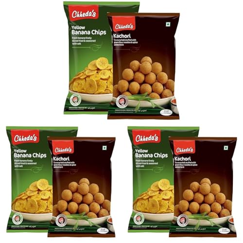 Image of Chheda's - Yellow Banana Chips (350Gm) and Dry Kachori (300 Gm) | Banana Wafers | Indian Namkeen | Tasty Snacks | Ready to Eat - Combo Pack (Pack of 3)