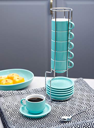 Porcelain Espresso Cups With Saucers And Metal Stand, Stackable Demitasse Cups - 2.5 Ounce For Coffee And Tea, Set Of 6, Turquoise #TOP5