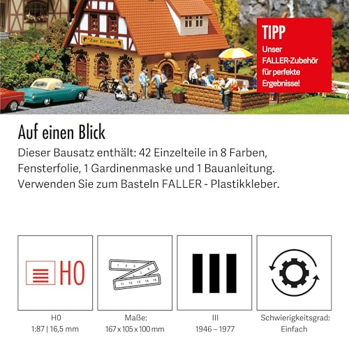 FALLER Gasthaus Zur Krone Modellbausatz mit 42 Einzelteilen 167 x 105 x 100 mm I Modelleisenbahn Zubehör H0 I Modelleisenbahn H0 Gastro-Fachwerkhaus, Divers
