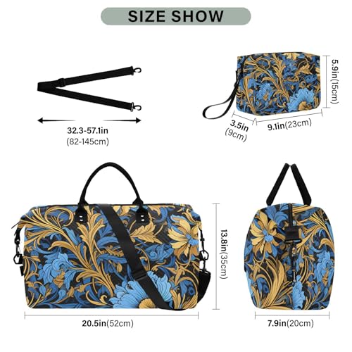 Flower Travel Duffle Bag Gym Bag, Retro Golden Blue Pattern Weekender Bags for Women with Toiletry Bag Travel Tote Bag Swim Bag3