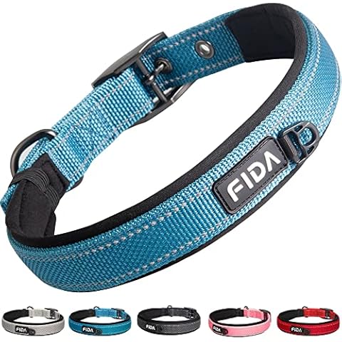 Fida Heavy Duty Dog Collar, Ultra Comfortable Soft Neoprene Padded, Adjustable Reflective Nylon Pet Collar with Durable Metal Belt Buckle for Small Breeds (S, Blue) Cover