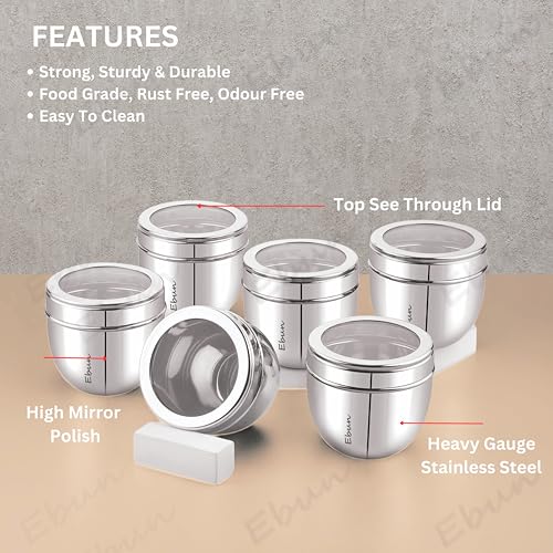 Image of Ebun Stainless Steel See Through Containers for Kitchen | Conical Shape Small Stainless Steel Dabba Set for Kitchen | Steel Container with Lid | 300 Ml Capacity | Pack of 6
