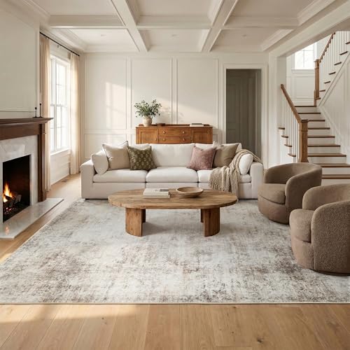 Tapete de área 5x7 beige y marrón lavable antideslizante miniatura 2