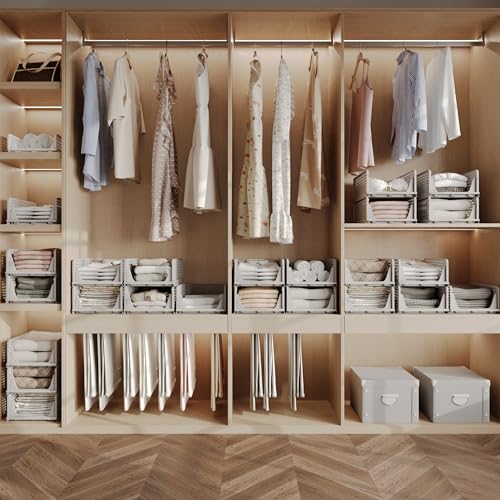 Pinkpum 4 Pack Folding Closet Organizers Storage Box, Stackable Plastic Drawer Basket for Clothing, Stackable Storage Bins Shelf Storage Container for Closet Wardrobe Bedroom Bathroom Office (Grey) - Thumbnail 2