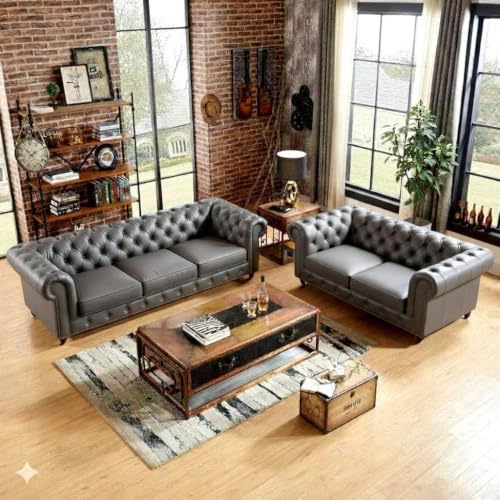 Image of A to Z Furniture Classic 3+2=5 Seater Sofa Set Luxury Chesterfield Leatherette Sofa in for Home Living Room & Office (3+2=5 Seater Sofa Grey)