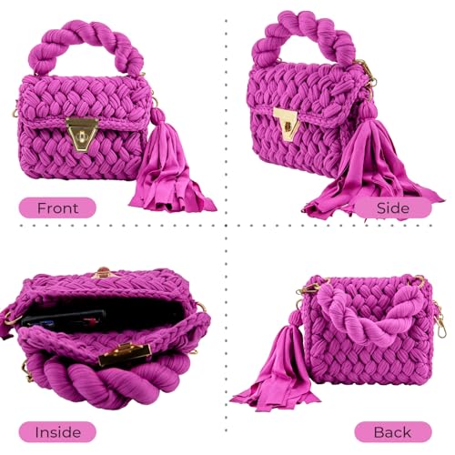 Handmade Pink Clutch Purses for Women, Crochet Crossbody Handbag for Wedding Beach, Evening Clutch Purses for Women with Tassels and Metal Chain4