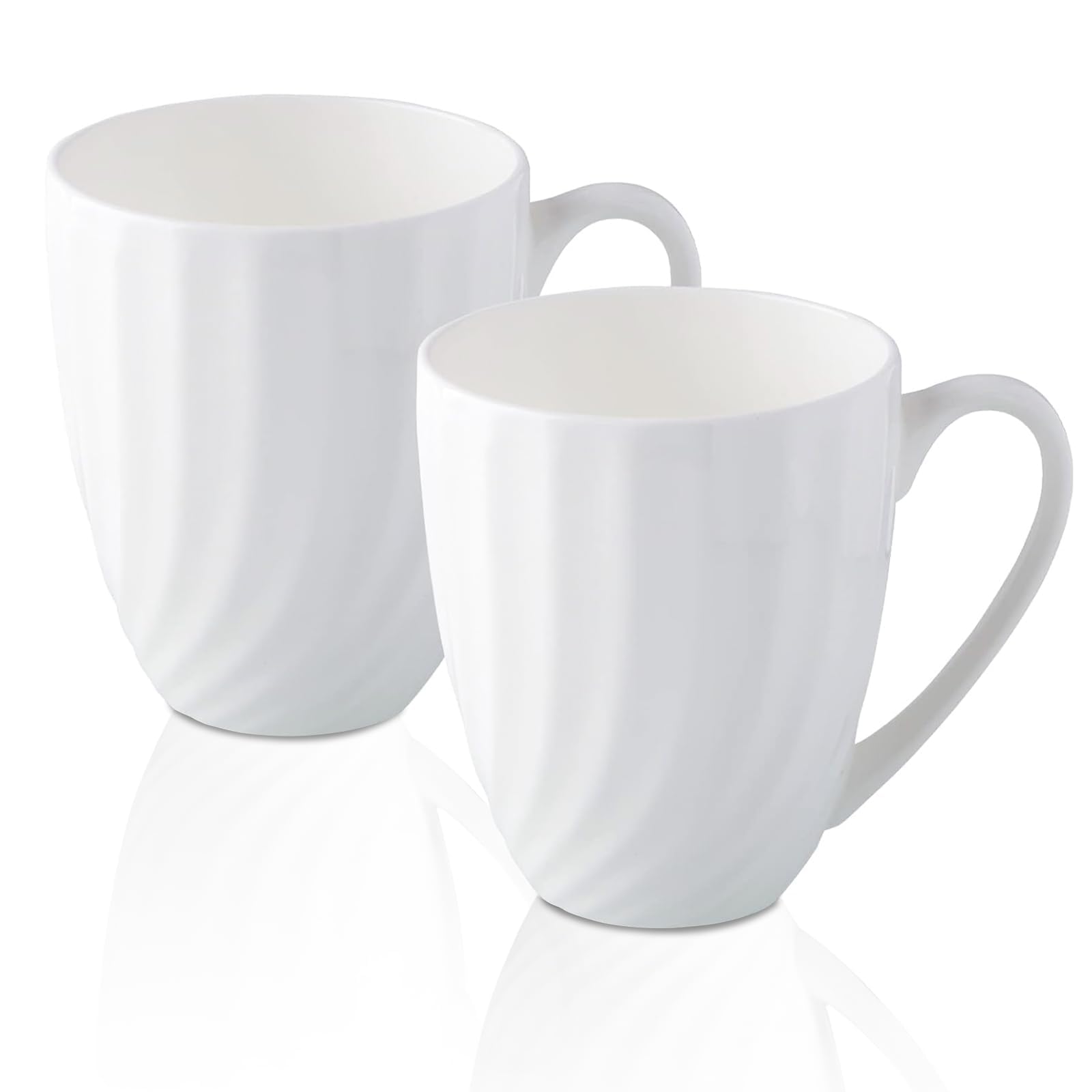 Fine Bone China White Coffee Mugs Set of 2 (12 oz), Ceramic Spiral Pattern Tea Cups, Thin China Coffee Cups, Lightweight Coffee Mugs for Hot Chocolate, Latte, Cappuccino