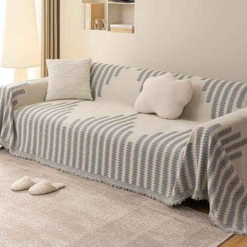 Funda de sofá reversible lavable gris con borlas bohemias para muebles 2