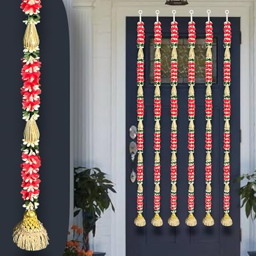 Image of Rajasthan Kraft Artificial Gajra Hanging Decoration Red & Green Mogra with Jali Chudi, Modak, Chakri & Golden Bell Pack of 4 | 44 Inch Festival & Wedding Home Dcor(GJ-17-4)