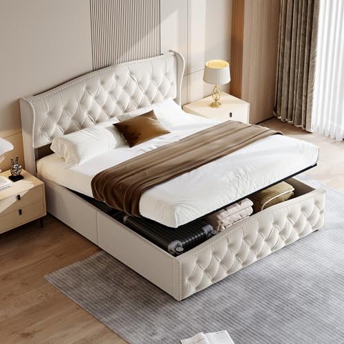 Cama de 160 x 200 cm con somier, cama doble con almacenamiento marco de cama con cabecera de terciopelo cama tapizada cama de 2 plazas cama acolchada con somier de madera (B blanco roto, 160 x 200 cm)