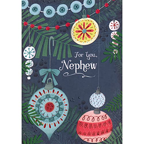 Designer Greetings Blue and Pink Ornaments Hanging from Long Hooks Christmas Card for Nephew