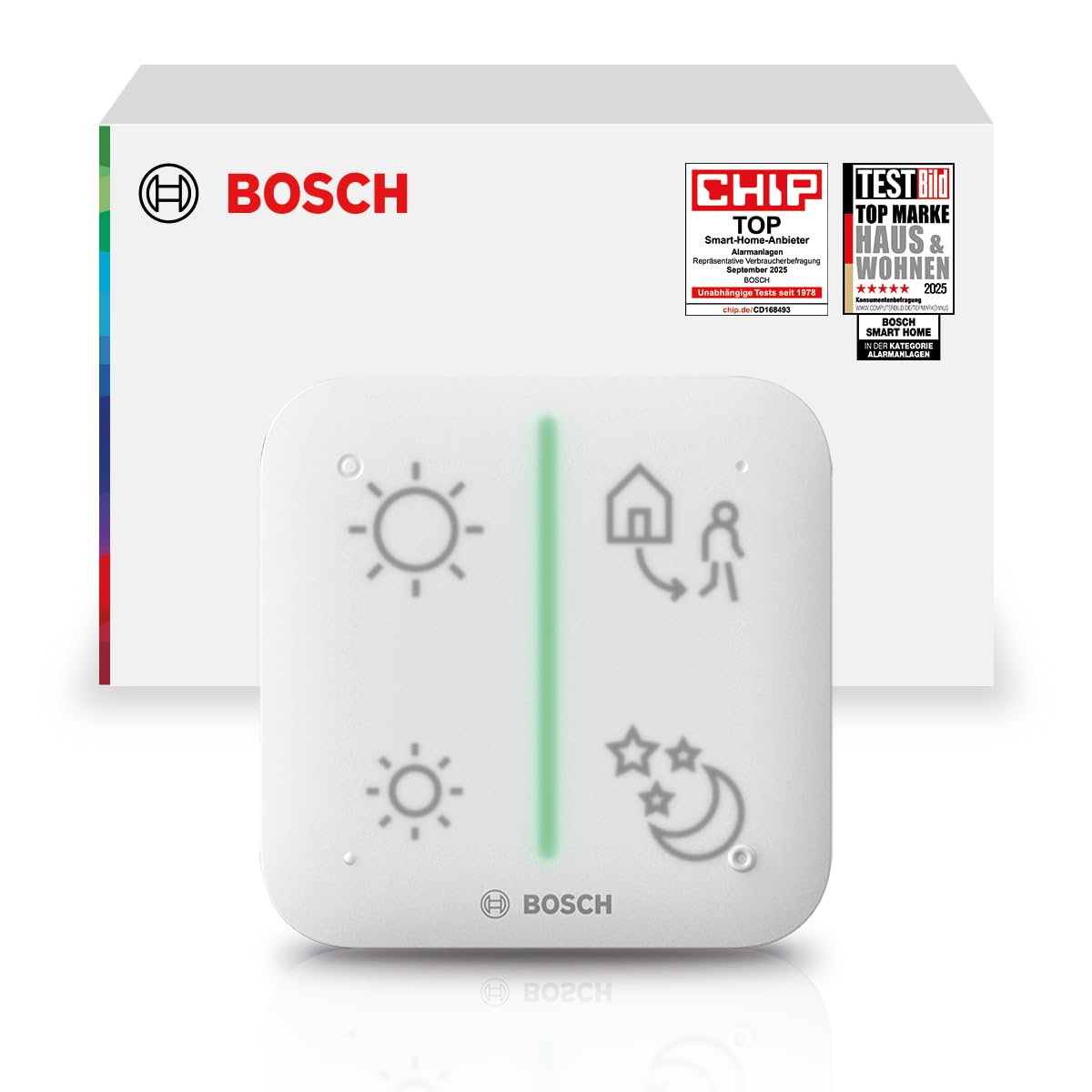 Bosch Smart Home Universalschalter II, zur einfachen Steuerung smarter Geräte, konfigurierbar für 4 belegbare Tasten, Keypad-Funktion für codegeschütztes Aktivieren und Deaktivieren des Alarmsystem