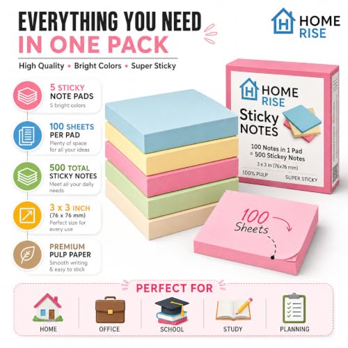 Image of 500 Super Sticky Notes pad 3 x 3 Inch (76 x 76 mm) - 5 Pads x 100 Sheets | 100% Pulp Paper | Colourful Self-Adhesive Memo Pads | Durable, Office, Study, School & Reminder