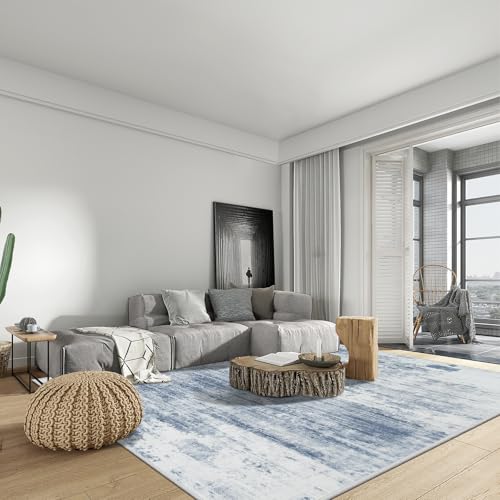 10x14 Area Rugs Washable Rug: Modern Abstract Living Room Rug Soft Anti-Skid Thin Carpet Indoor Floor Non-Shedding Carpets for Bedroom Dining Room Farmhouse Nursery Home Office Blue White