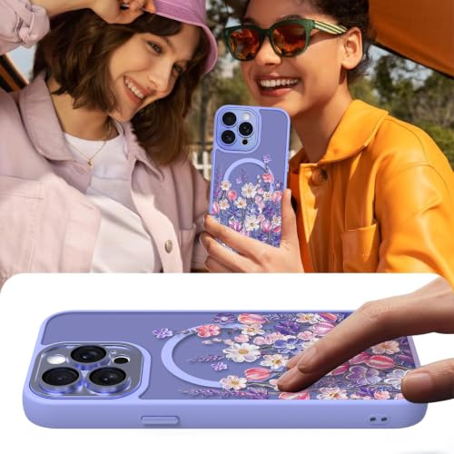 Image of Magnetic for iPhone 14 Pro Max Case with for Women, Purple Floral | Cute Oil Painting Flower Pattern Design [Compatible with MagSafe] [Full Camera Protection] Translucent Slim Shockproof Cover