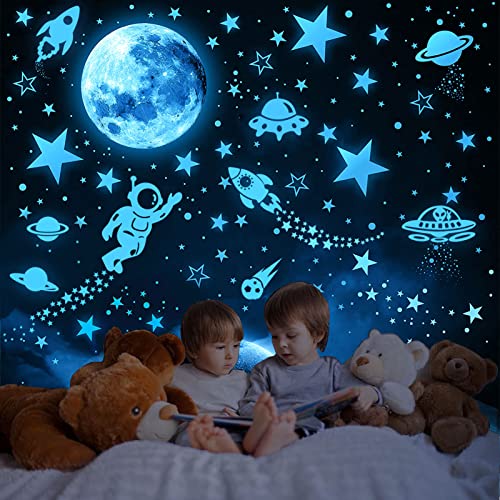 1199PCS Leuchtsterne Selbstklebend Wandsticker leuchtsterne kinderzimmer Wandsticker Mond und Sterne Astronaut,Rakete Fluoreszierend Wandaufkleber für Kinder Kindergarten Schlafzimmer Wohnzimmer Cover