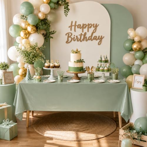 Image of Blue Orchards Sage Green Plastic Table Cover (Pack of 3 with 20 Glue dots) - 54 inch x 108 inch - Sage Green Tablecloth, Waterproof & Disposable Party Supplies, Boho Chic Decorations for Wedding, Baby Shower