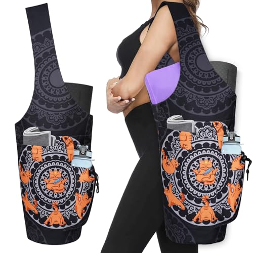 Yoga Mat Bag - Large Opening Long Tote Yoga Mat Carrier Holder Bag with Waterproof Wet Zipper Pocket and Drawstring Water Bottle Pocket - Yoga Bag Fit Most Size Mats - Cat Yoga Black