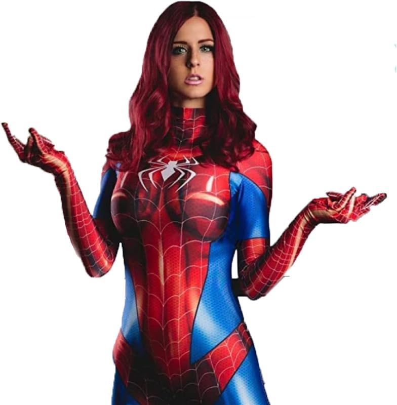 Women's Superhero Cosplay Costume Stretch Breathable Halloween Costume Milk Silk Fabrics Cosplay Bodysuit (Red Blue, L)