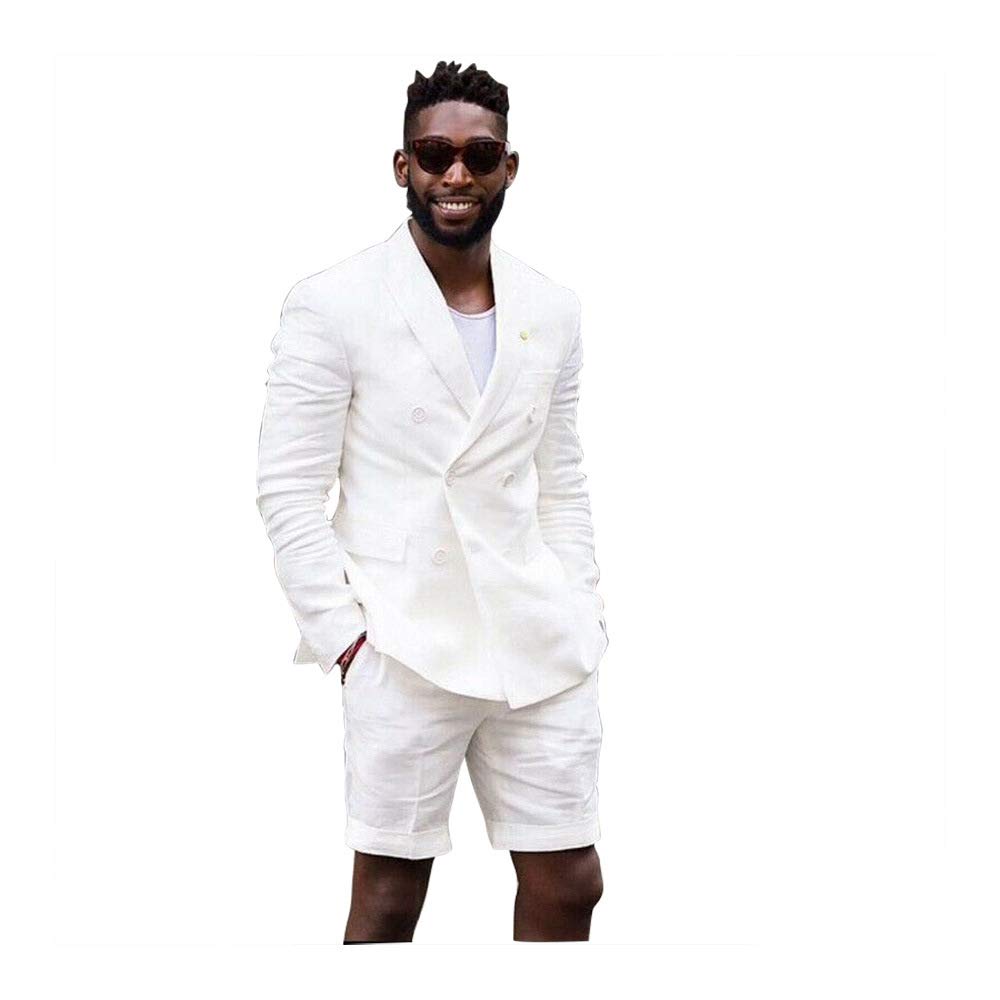 Casual Mens Gray Linen Tailored Beach Wedding Slim Fit Tuxedo Suit Blazer & Shorts Set-image-40