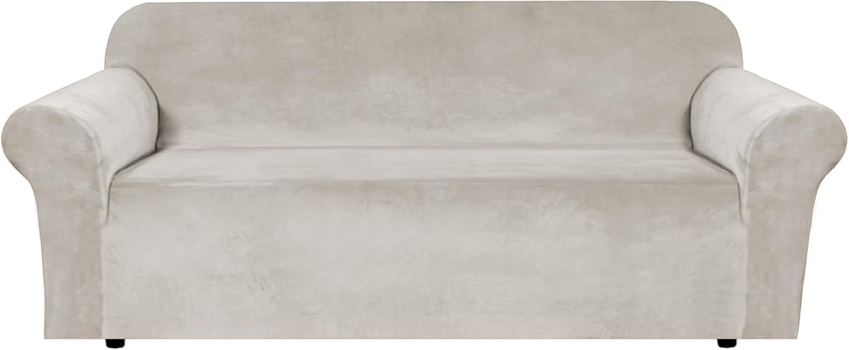 H.VERSAILTEX 1 Peice Stretch Velvet Sofa Covers for 3 Cushion Couch Covers Sofa Slipcovers Furniture Protector Soft, Crafted from Thick Comfy Rich Velour (Sofa 72"-90", Oatmeal)