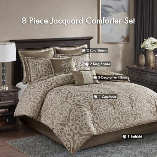 Madison Park Odette Cozy Comforter Set Jacquard Damask Medallion Design - Modern All Season, Down Alternative Bedding, Shams, Decorative Pillow, King(104 in x 92 in), Tan 8 Piece - Image 7