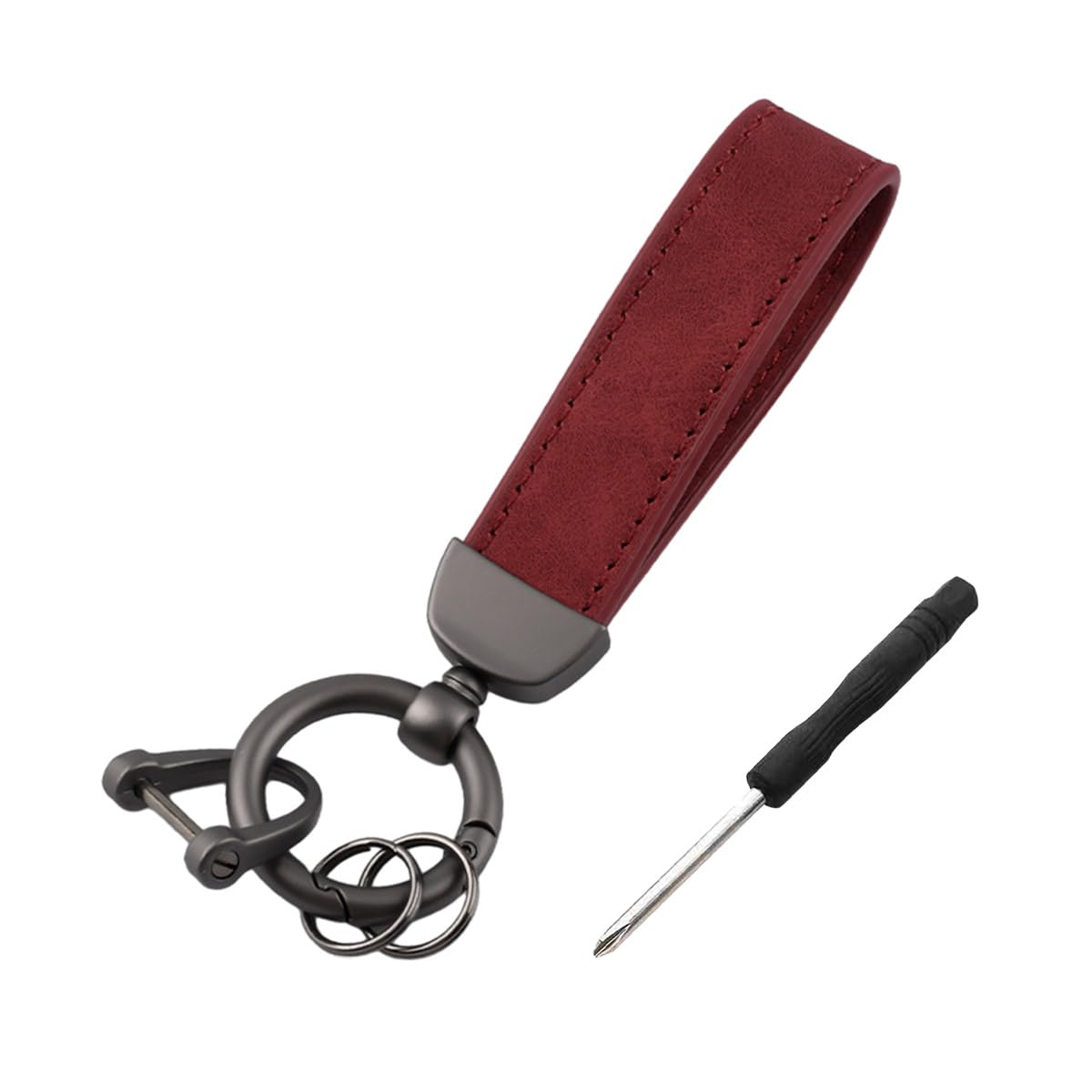 Kewucn Genuine Leather Car Keychain, Universal Heavy Duty Metal Auto Key Fob Holder with Anti Lost D-Ring for Men Women （Black-Wine Red）