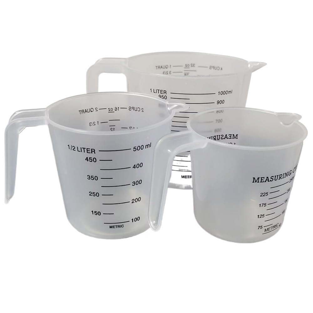 Juego de vasos medidores de plástico de 3 piezas, vaso graduado con tapa, vaso mezclador transparente for uso en cocina y laboratorio(3Pcs 1000ml)