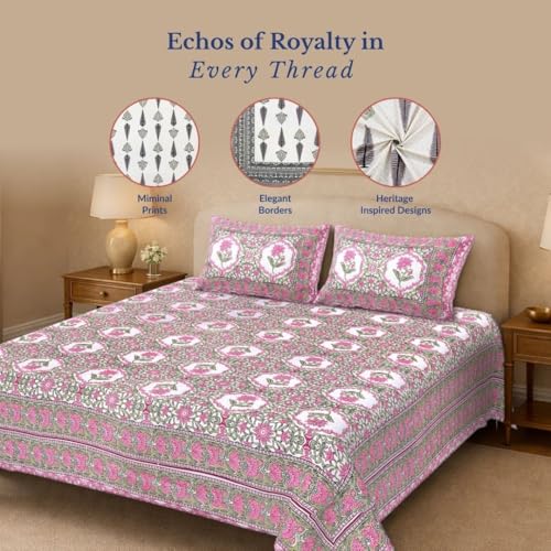 Image of Jaipur Weaves Jaipuri Double Bed Cotton Bedsheet Queen Size 90x85, 120 TC 100% Pure Cotton Bed Sheet with 2 Pillow Covers, Floral Traditional Print (Mughal Garden Pink, Double)
