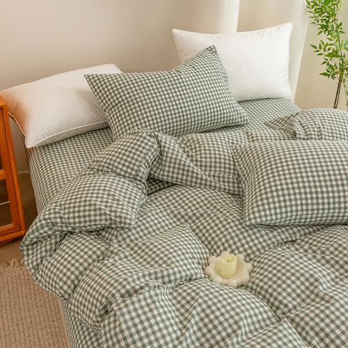 Image of ECOCOTT Green Gingham Duvet Cover King Size 100% Washed Cotton Like Linen Feel Super Soft & Comfy Bedding Set Modern Checkered Design for All Seasons