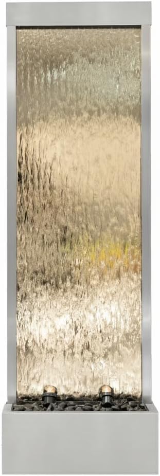 XBrand 68" H Freestanding Modern Waterfall Fountain, Aluminum & Clear Glass, LED Lights, Decorative Rocks, Auto Shut-Off Pump, Indoor/Outdoor, Silver