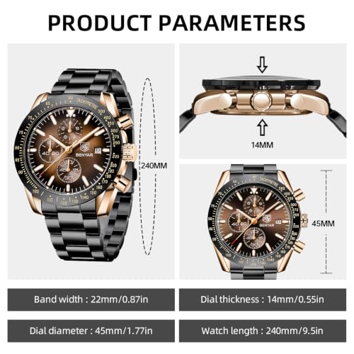 Image of BENYAR Men's Watches Chronograph Watch for Men Multifunction Black Waterproof Sport Fashion Quartz Wristwatches Calendar with Stainless Steel Strap