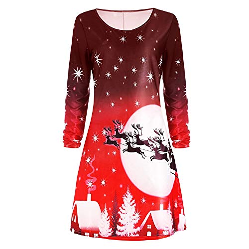 JURTEE Women Fashion Christmas Print Long Sleeve Dress Ladies Evening Party Knee Length Dress Xmas Costume(S,Red)