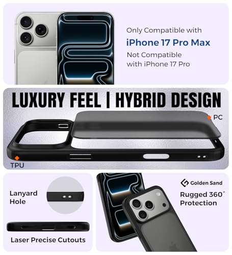Image of Golden Sand Rugged Frosted Back Cover Case for iPhone 17 Pro Max 5G - Semi Transparent,Shockproof, Slim Profile, Matte Grip (Deep Black, TPU+PC)