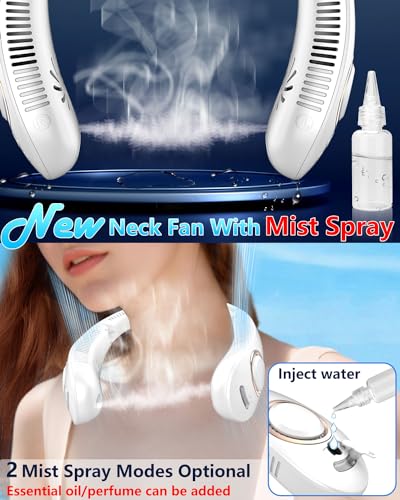 Image of Portable Neck Fans with Mist, Rechargeable 4-9H Lasting Neck Cooling that Blow Cold Air, 5 Speeds & LED display, USB-C Bladeless Folding Personal Mister for Kid Adult Indoor Outdoors Sports, White