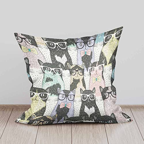 Beabes Throw Pillow Covers Cute Smiling Cartoon Wear Glasses And Tie Cat With Black Heart Spotted Decorative Square Cushion Pillows Cover 18X18 Inch For Men Women For Couch Bedroom Sofa #TOP2
