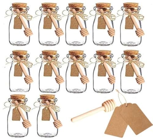 Paquete de 12 botellas de vidrio Amajoy con cucharón de miel, recuerdo de fiesta, recuerdo de boda, regalo de festival (100 ML)