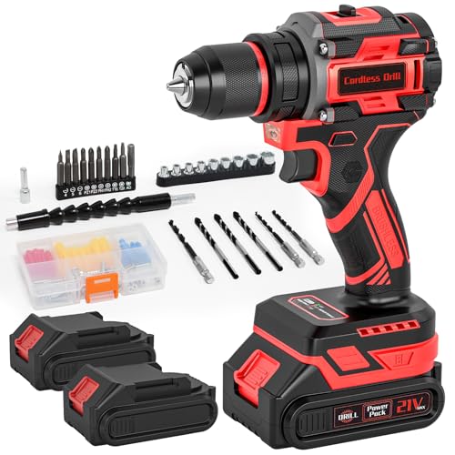 Image of Cordless Drill, 21V Brushless Power Drill with Dual 2.0Ah Power Pack and Charger, Electric Drills Set, 3/8" Metal Chuck, 25+1 Torque, 2 Speed Compact Drills with 87PCS for DIY, Home Repair & Gift