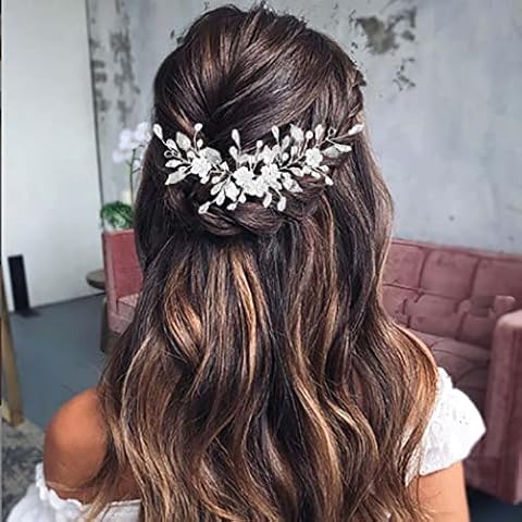 Vatocu Blume Braut Hochzeit Haar Rebe Silber Kristall Kopfschmuck Perle Braut Haarschmuck für Frauen und Mädchen Cover