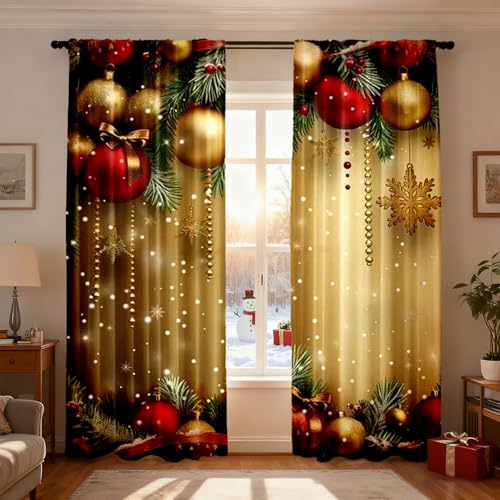 La Mejor Recopilación de Decoración de temporada para comprar online. 46 Cortinas impresas con bola de Navidad, temporada de día festivo, decoración de fiestas, 2 piezas con estampado plano 2D, cortinas de lujo con estampado navideño para decoración...