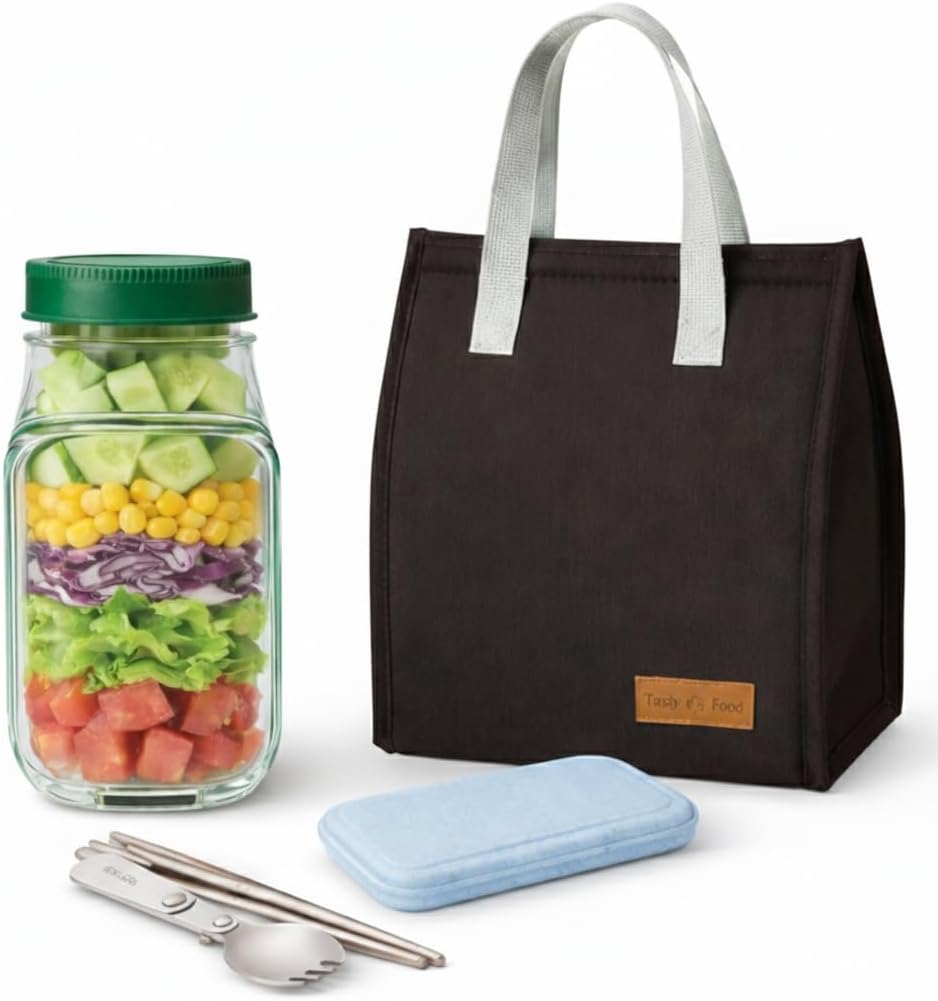 Salad Bowl Jar with Lid, Side Opening Salad Pod Lunch Solution, Free Food Grade Salad Container with Leakproof Dressing Cup, Meal Prep for Work, Gym,On The Go (Basic Set(2PCS Salad Pod + Cutlery))