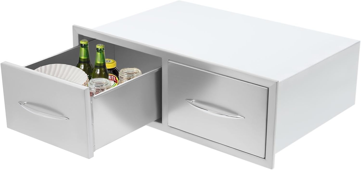 Outdoor Kitchen Drawers 29.5" W x 10" H x 19.7" D, Horizontal Double Barbecue Access Drawers Stainless Steel with Handle, Barbecue Island Drawers for Outdoor Kitchens or Patio Grill Station