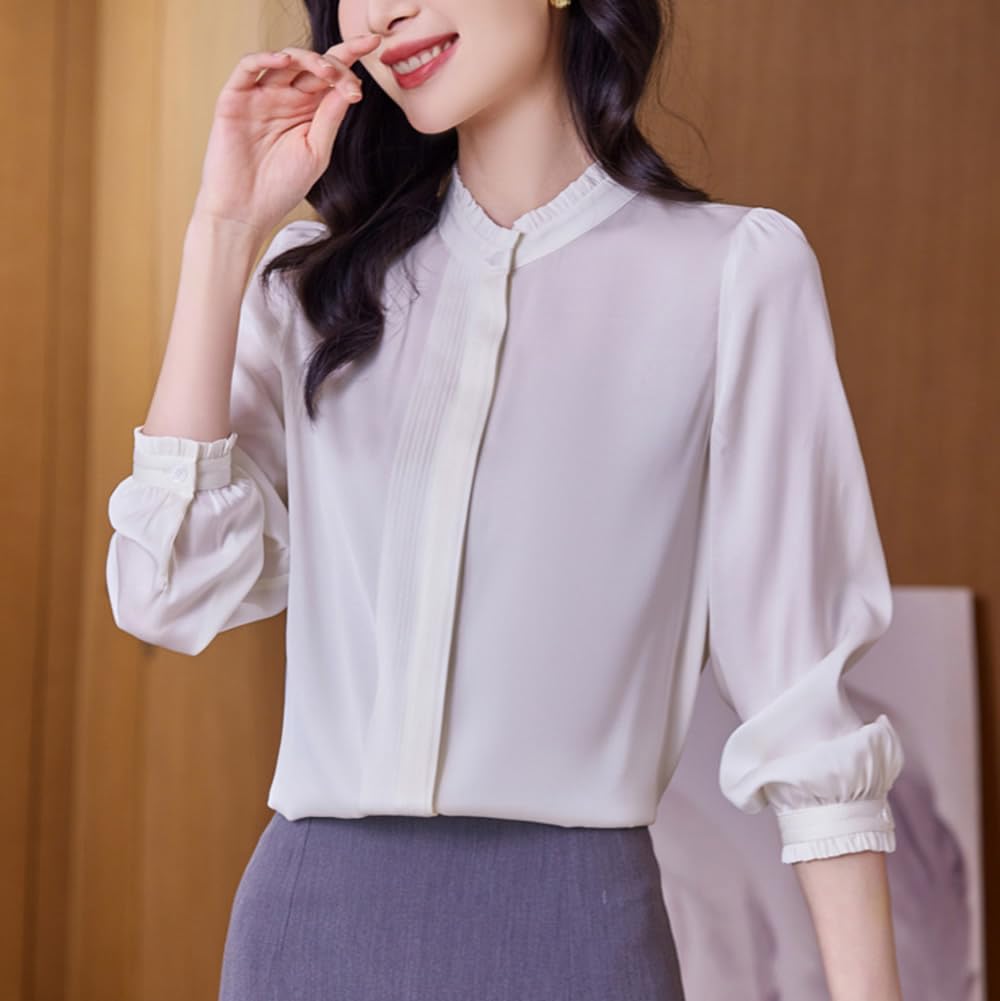 DISSA Chemise Soie Col Volanté Plissé Central Manches Longues