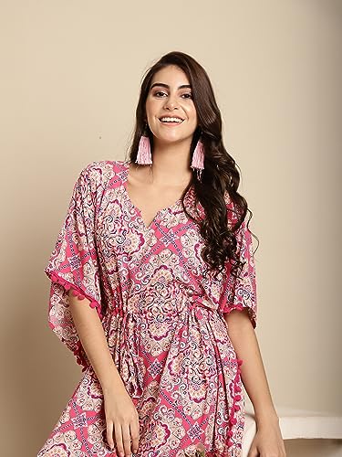 Image of Secret Wish Women's Rayon Pink Kaftan Nighty /Free Size /Scree Print /Drawstring /Nightdress /Nightwear /Full Length