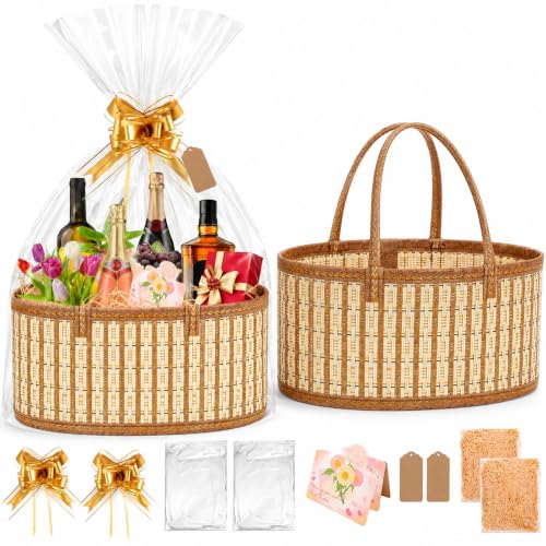 Myfivo 2 Set Bambus Geschenkkorb leer mit Schleife Geschenkfolie transparent Grußkarten Füllmaterial Geschenk Etikett 30 x 20 x 15 cm Präsentkorb leer geeignet für Geschenke Partys (Braun)