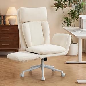 LIFTSHA Großer Bürostuhl ergonomisch, Chefsessel mit klappbaren Armlehnen, höhenverstellbar Schneidersitz Schreibtischstuhl mit Rollen, Chenille Drehstuhl mit Verstellbarer Lendenstütze, Beige