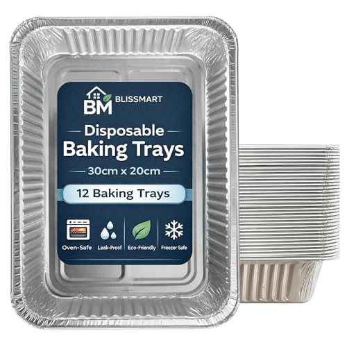 BLISSMART Aluminium Foil Baking Trays 12 Pack Disposable Foil Roasting Tray Oven Tray for Baking Cooking Meal Prep Storage Heat Resistant Tin Foil BBQ Roasting Party Food Trays 30x20x4.5cm (12 Trays)