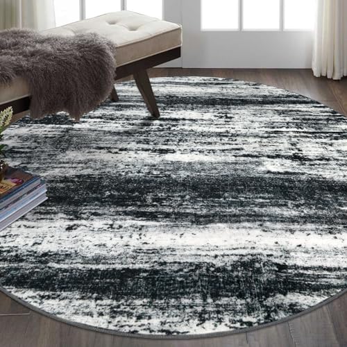 KOZYFLY Circle Rug 6Ft Modern Abstract Ombre Area Rug for Bedroom, Washable Round Rug Non-Slip Soft Striped Living Room Circle Rug, Black Navy Blue Grey Carpet for Laundry Nursery